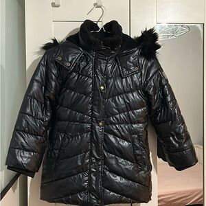 Abercrombie & Fitch Shiny Black Puffer Jacket with Faux Fur